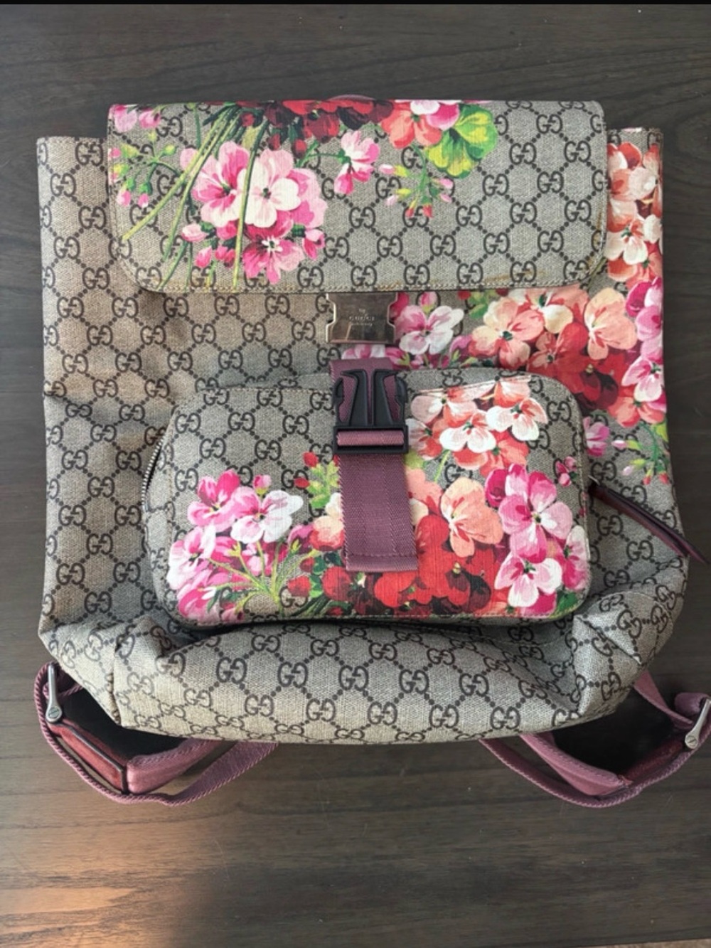 Authentic Gucci Beige Monogram Backpack with Pink Floral Print